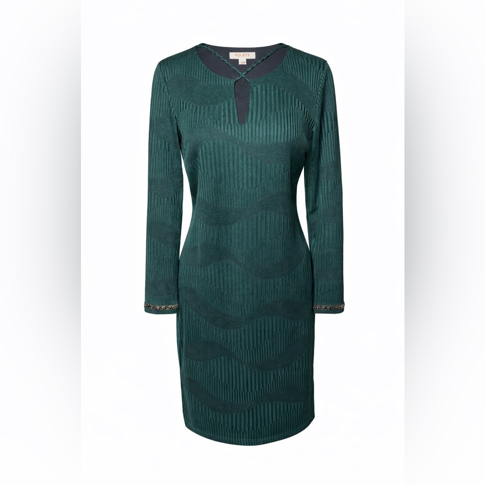 Foley’s Petite Emerald Green Sheath Dress Beaded Cuff Keyhole- 8P‎